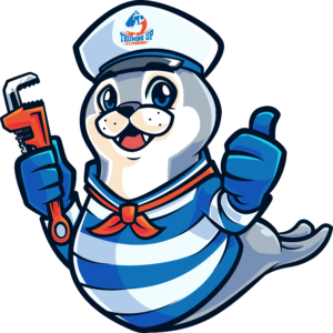 Cartoon seal plumber holding wrench, giving thumbs up