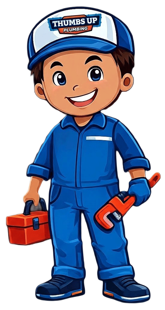 Cartoon plumber mascot holding wrench and toolbox