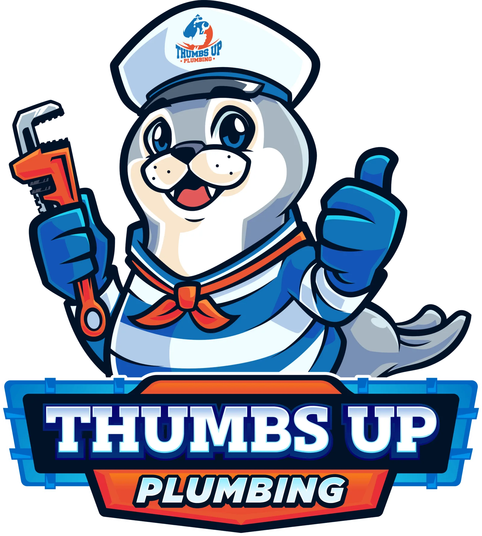 Cartoon seal plumber mascot with wrench and thumbs up