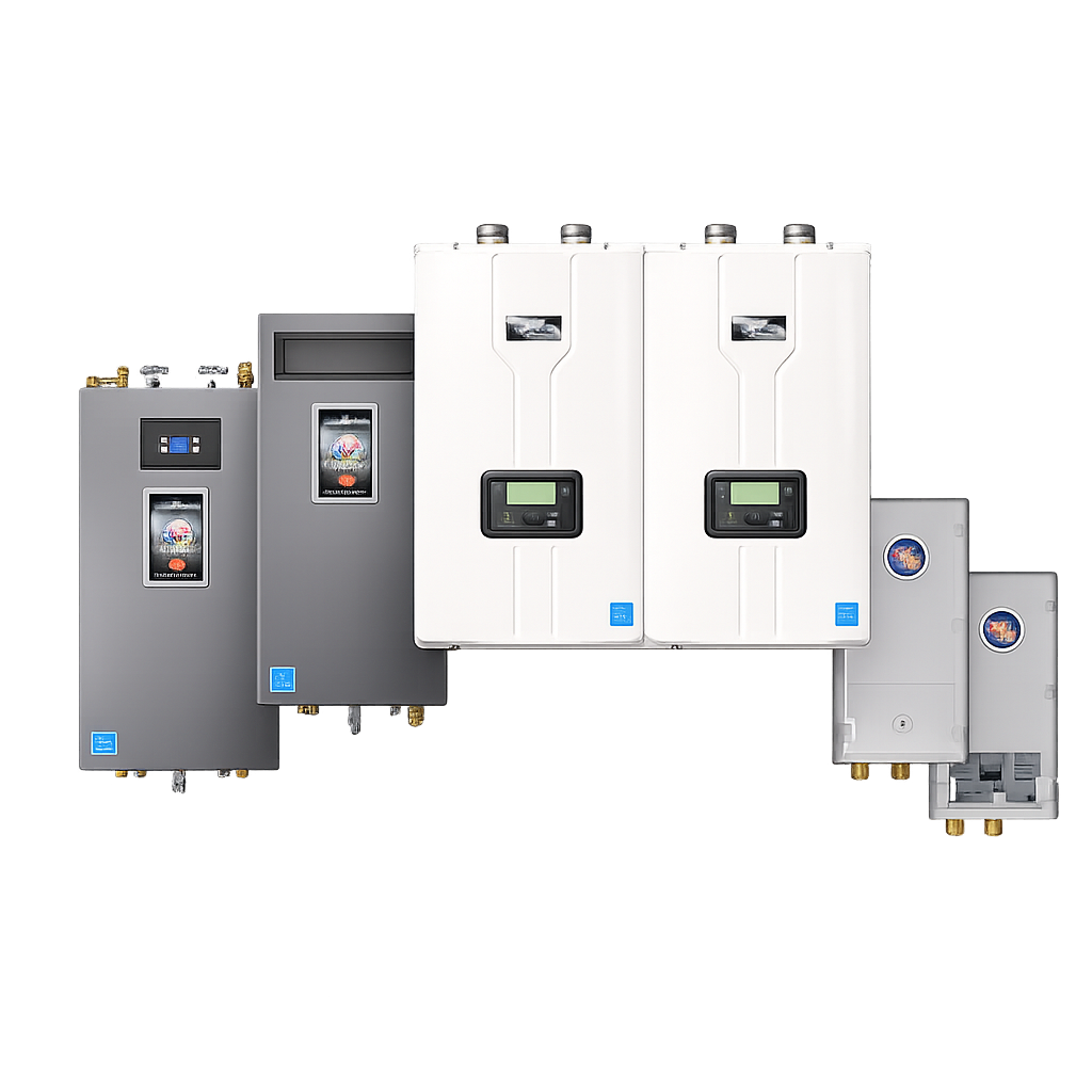 Modern tankless water heater units mounted side by side