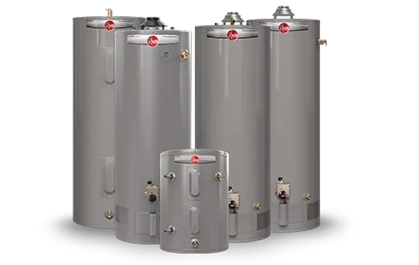 Four gray cylindrical water heaters on white background