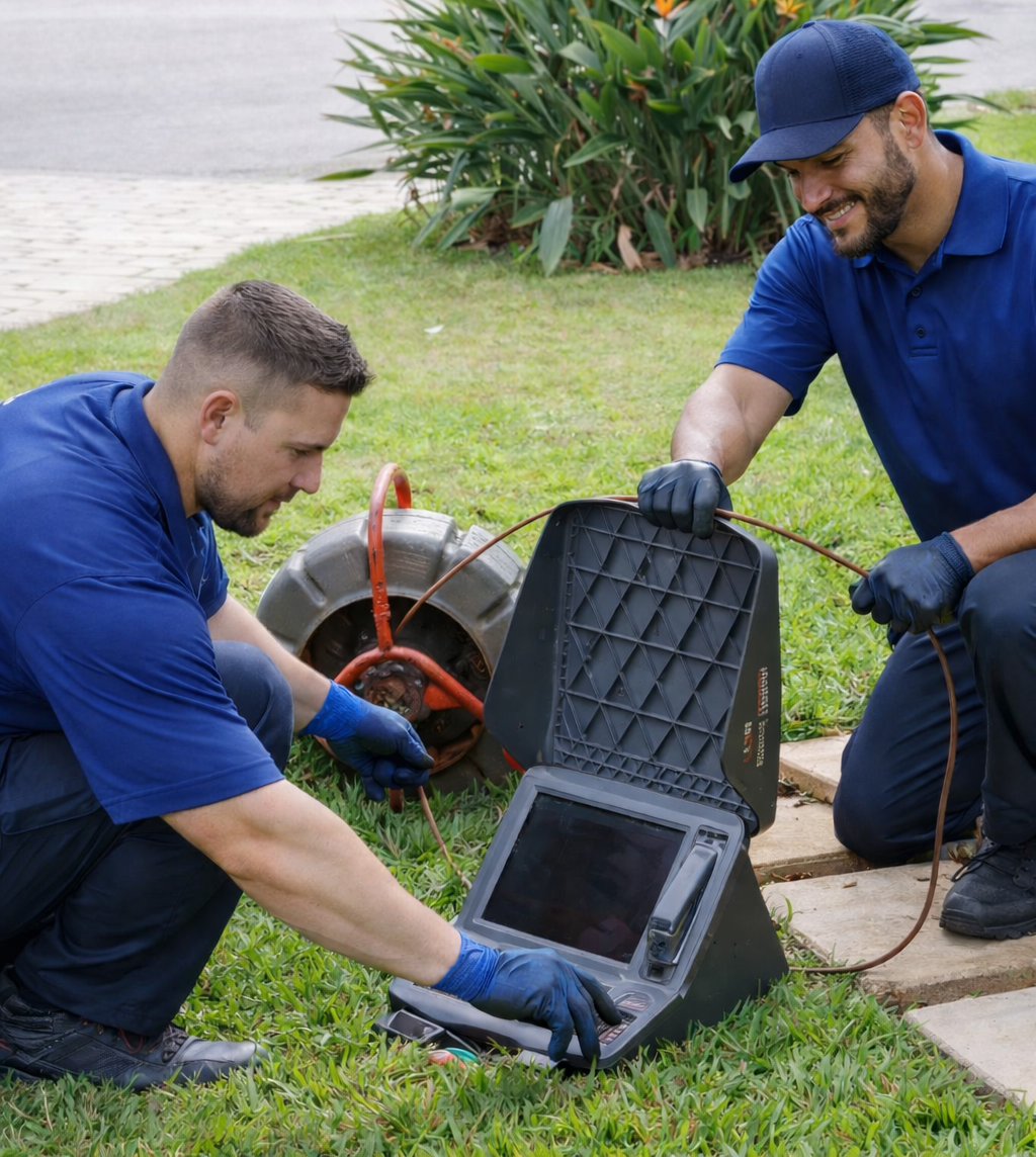 Technicians inspecting drain with camera equipment