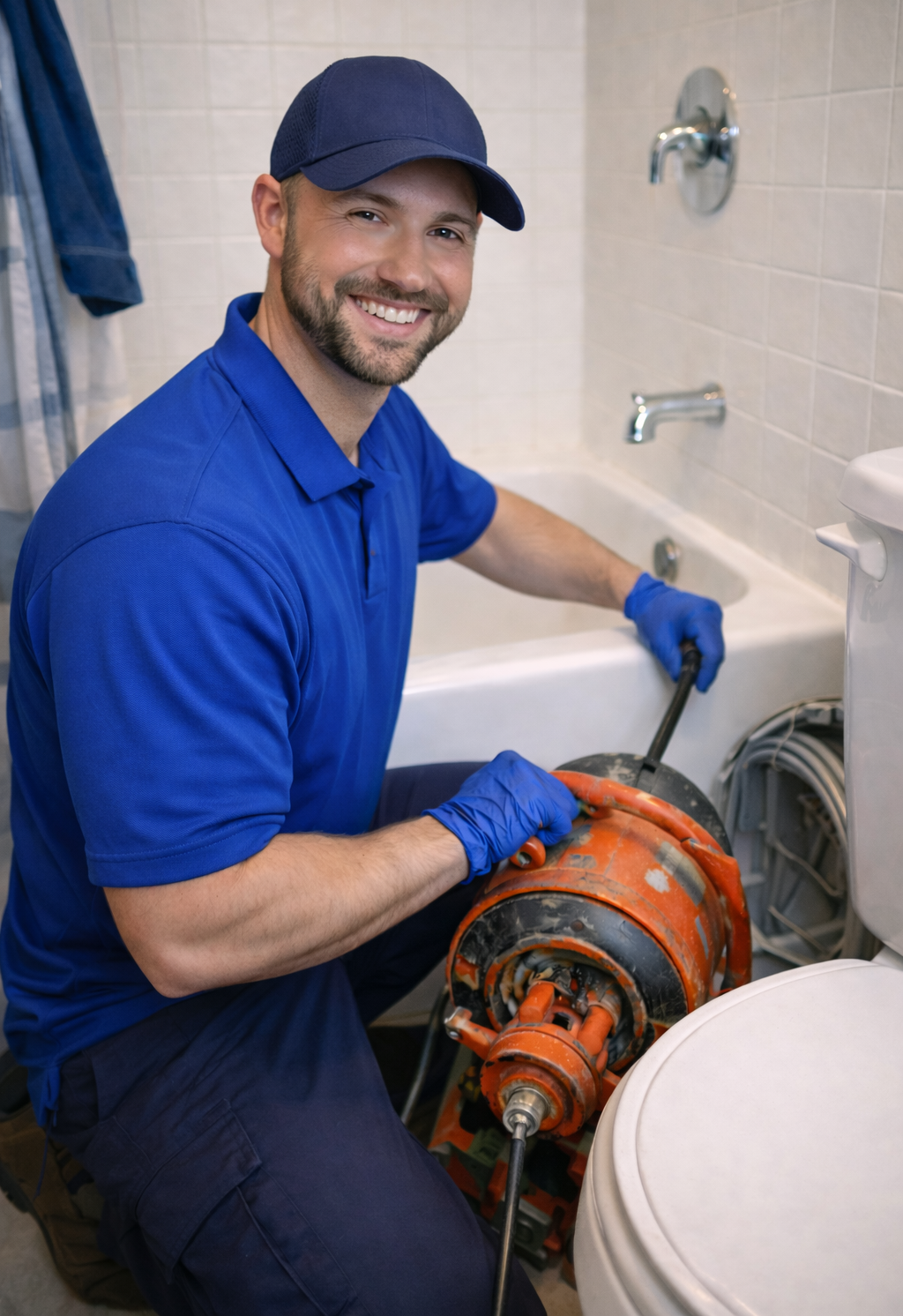 Plumber using drain snake machine in bathroom