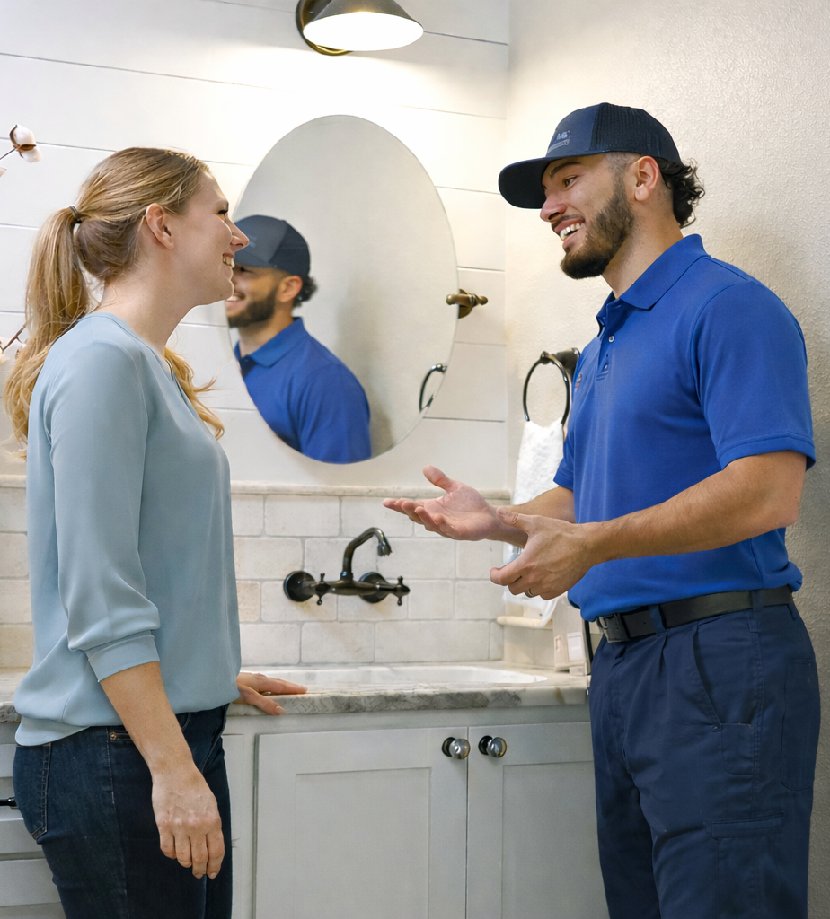 Plumber discussing bathroom sink repair with homeowner